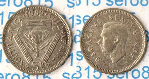Südafrika - South Africa 3 Pence Münze Silber 1952 Georg VI. 1936-1952  (p487
