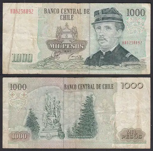 CHILE - 1000 Pesos Banknote 1997 Pick 154f F- (4-) Prefix HB PLATE 21   (28979