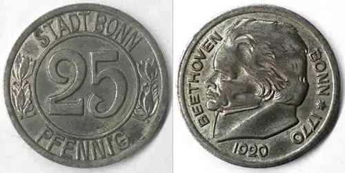 Bonn Germany 25 Pfennig Beethoven Notgeld/Emergency Money 1920 Iron  (4117