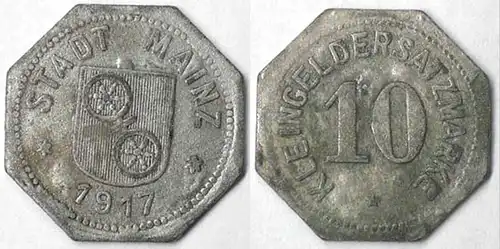 Mainz Germany 10 Pfennig Notgeld Kleigeldersatz 1917 zinc  (4126