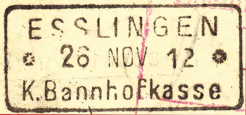 1912 Esslingen Bahnhof K.Bannhofkasse Postkarte n. Oberhausen Gutehoffnugshütte