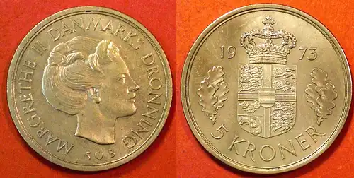 DÄNEMARK DENMARK 5 Kronen Münze 1973 Margarete II.       (3813