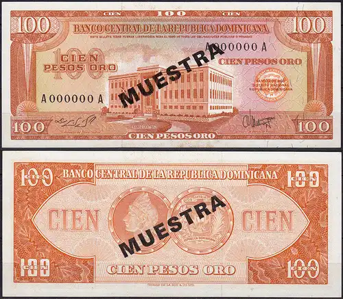 Republica Dominicana 100 PESOS Banknotes 1964 UNC P.104s SPECIMEN RAR    (11488