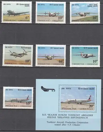 USBEKISTAN - UZBEKISTAN 1995 Mi.77-83 + Block 8 ** MNH  Flugzeuge aus Taschkent