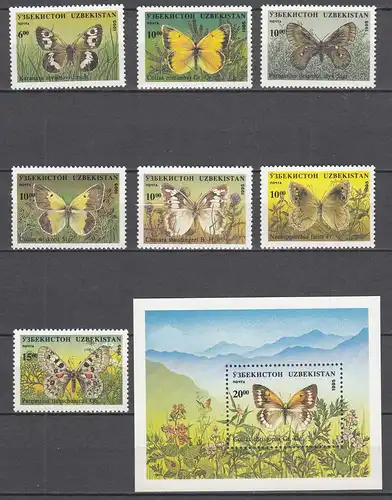 USBEKISTAN-UZBEKISTAN 1995 Mi.85-91 + Block 9 ** MNH Schmetterlinge Butterflies