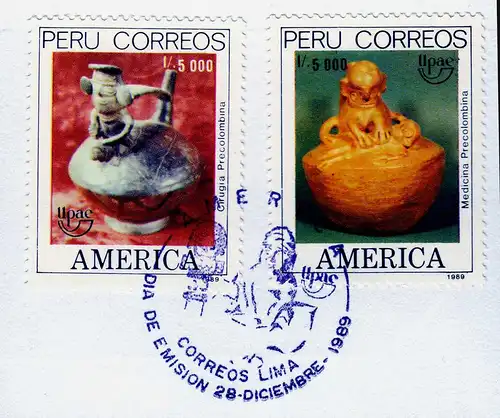 Peru 1989 Mi. 1409-1410 Briefstück on piece Archäologie Brauchtum d. Ureinwohner