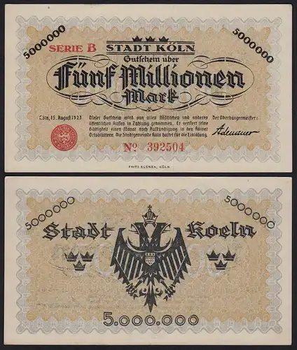 Rheinland - Köln 5 Millionen Mark Notgeld B 1923 US Adenauer aUNC (1-)   (20005