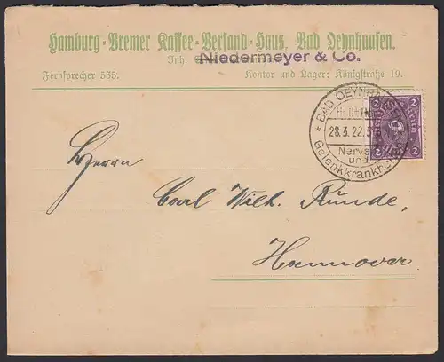 Bad Oeynhausen 1922 Brief v. Kaffee Versand n.Hannover SST Infla    (20242