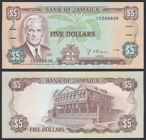 JAMAIKA - JAMAICA 5 Dollars Banknote 1991 Pick 70d aUNC (1-)      (21527