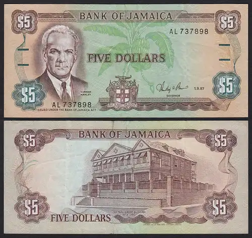JAMAIKA - JAMAICA 5 Dollars Banknote 1987 Pick 70b VF (3) sig.8     (21528