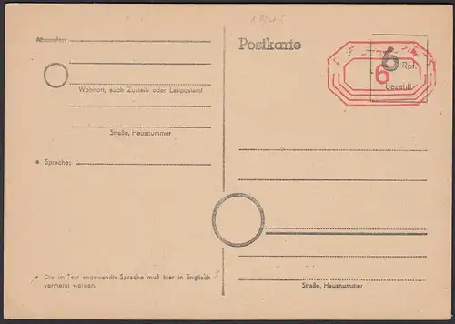 Behelfspostkarte 6 Rpg. und 6 Freistempel 1945 ungebraucht Westzonen  (20225