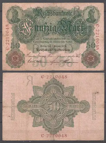 Ro 32 Reichsbanknote 50 Mark 1908 Pick 32 - VF- (3-)  UDR R Seria C     (31657
