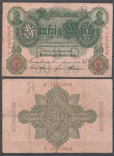 Ro 32 Reichsbanknote 50 Mark 1908 Pick 32 - VF (3)  UDR R Seria C     (31656