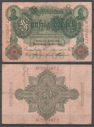 Ro 32 Reichsbanknote 50 Mark 1908 Pick 32 - F (4)  UDR R Seria D     (31655