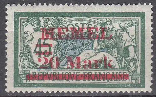 Memel 1921 Mi.39 Freimarke Frankreich Aufdruck 20 Mark auf 45 C.* mit Falz MH