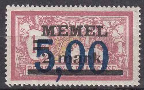 Memel 1922 Mi.51 Freimarke Frankreich Aufdruck 5,00 auf 2 M auf 1 Fr.mit Falz MH