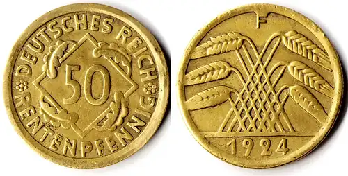 GERMANY 50 Rentenpfennig 1924 F Weimar Coin Jaeger No. 310    (r674