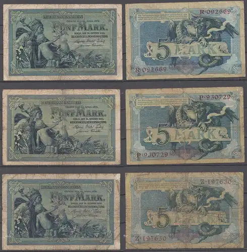 Ro 22a - 3 Stück á 5 Mark 1904 Serie R,P,Z Pick 8 gebraucht 6-stellig  (31653