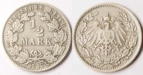 1/2 Mark Kaiserreich EMPIRE 1917 A Silber Jäger 16    (r850