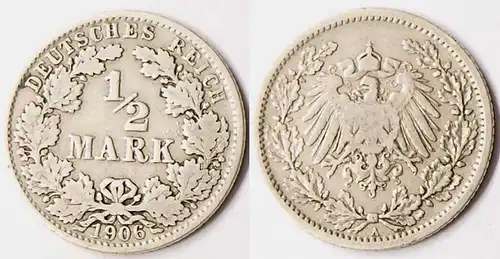 1/2 Mark Kaiserreich EMPIRE 1906 A Silber Jäger 16    (r849