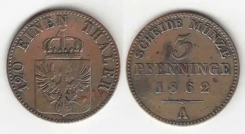 Brandenburg Preussen 3 Pfennig 1862 A Wilhelm I. 1861-1888 Scheidemünze  (31699