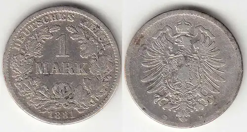 DR Kaiserreich 1 Mark Silber 1881 D gebraucht Jäger 9 gebraucht   (31700