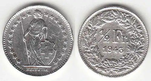 Schweiz - Switzerland 1/2 Franken 1943 SILVER Silber COIN  (31705