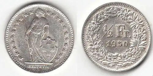 Schweiz - Switzerland 1/2 Franken 1950 SILVER Silber COIN    (31708
