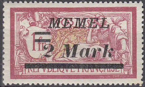 Memel 1922 Mi.67 Freimarken Aufdruck 2 M. auf 1 Fr. mit Falz MH   (70434