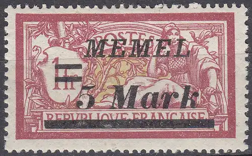 Memel 1922 Mi.69 Freimarken Aufdruck 5 M. auf 1 Fr. mit Falz MH   (70435