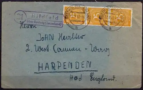 Brief Posthilfstelle Landpost Hildfeld über Bestwig Sauerland 22-9-1947 MEF 