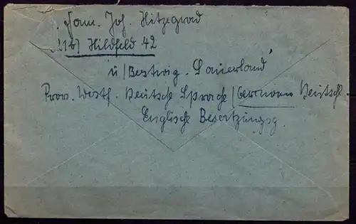 Brief Posthilfstelle Landpost Hildfeld über Bestwig Sauerland 22-9-1947 MEF 