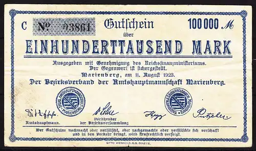 Marienberg Einhunderttausend Mark 1923 Notgeld VF- (3-)    (c555