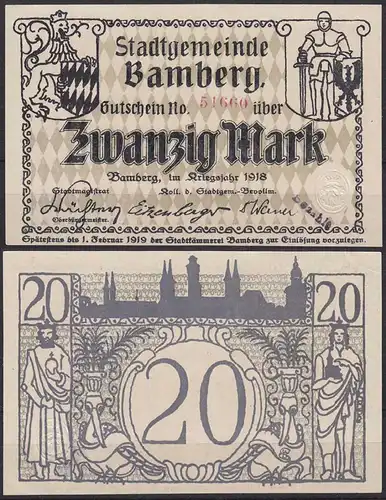 Bamberg 20 Mark Banknote 1918 Notgeld Gutschein     (c595