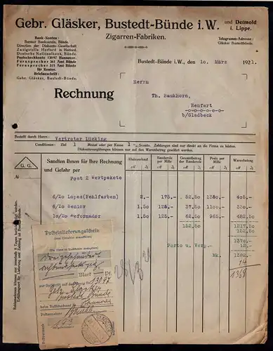 1921 Bustedt-Bünde Lippe Detmold alte Rechnung der Firma Gläsker    (24077