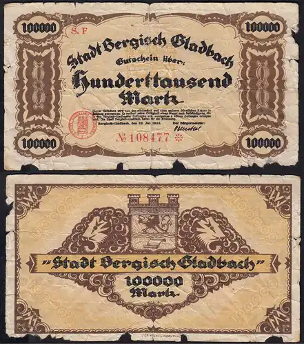 Notgeld Bergisch Gladbach 100-Tausend Mark 1923 Notgeld extrem stark gebraucht