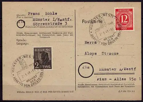 ANNETTE VON DROSTE HÜLSHOFF Sonderstempel 1948 Münster auf Karte   (6929