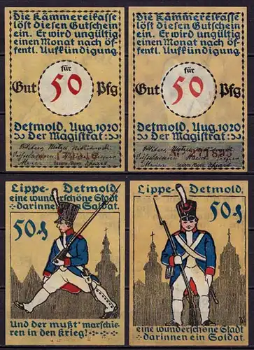 Detmold 2 x 50 Pfennig Notgeld rote serien nummer 1920   (ca396