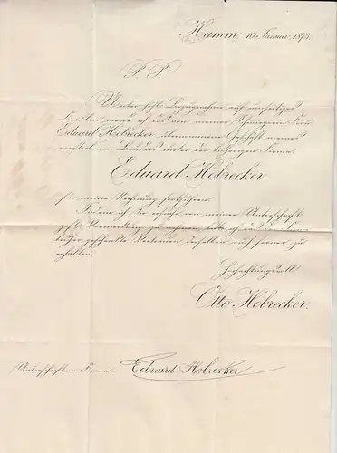 21.1.1873 Hamm-Stadt K2 EF Mi. 2 - 1/3 Groschen nach Hildburghausen mit Inhalt