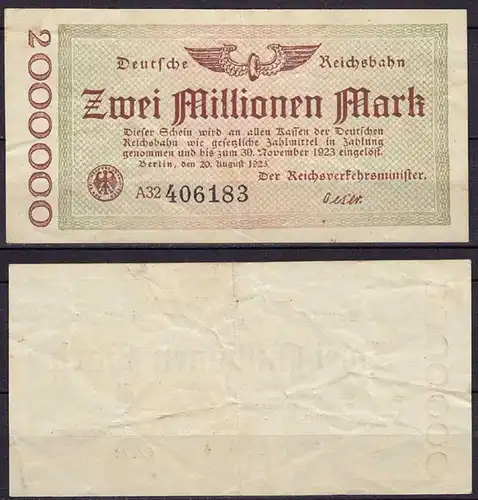 Reichsbahn Berlin 2 Millionen Mark Banknote 1923 F (4)   (cb268