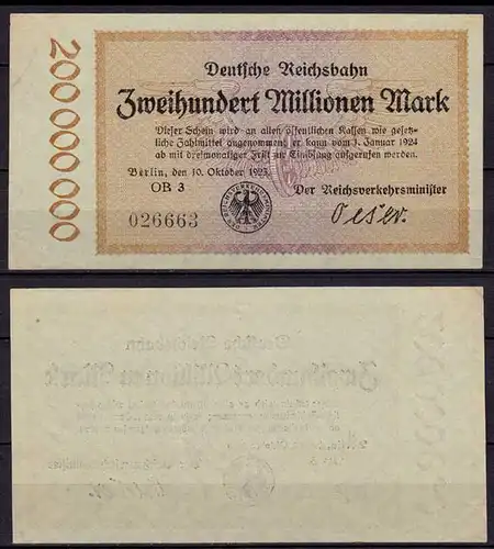 Reichsbahn Berlin 200 Millionen Mark Banknote 1923 VF (3)   (cb266