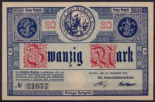 Ruhla 20 Mark 1918 Kriegs-Notgeld aUNC    (ca853