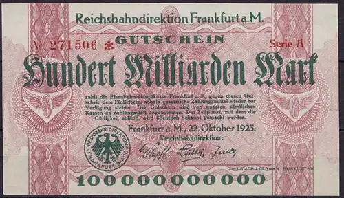 Reichsbahn Frankfurt Main 100 Milliarden Mark 1923 aUNC (1-)     (ca742