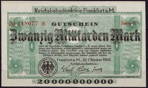 Reichsbahn Frankfurt Main 20 Milliarden Mark 1923 aUNC (1-)     (ca739