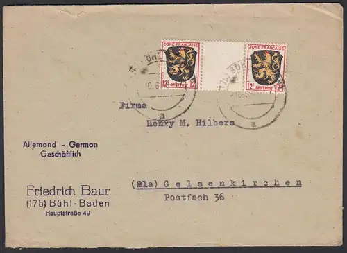 Französische Zone  Mi. Nr.6 Zwischensteg-Paar Umschlag Bühl n.Gelsenkirchen 1948