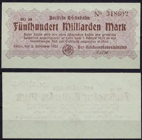Reichsbahn Berlin 500 Milliarden Mark Banknote 1923 aUNC    (ca726