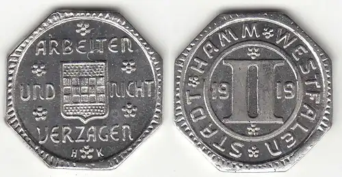 RAR Hamm Notgeld Westfalen 2 Pfennig 1919 Eisen bankfrisch Funck 191.11  (31817
