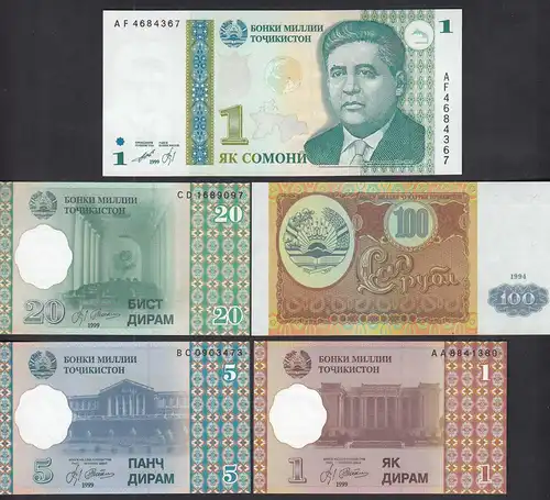 TADSCHIKISTAN - TAJIKISTAN 5 Stück Banknoten 1994/1999  UNC (1)  (31895