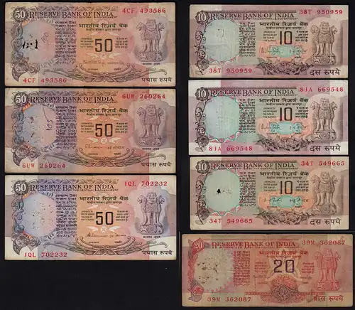 INDIEN - INDIA - 7 Stück á 10, 20, 50 Rupees Banknotes   (23426