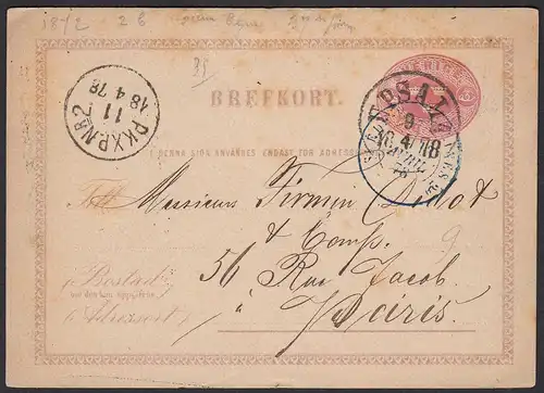 Schweden 1878 Ganzsache von Upsala nach Paris    (20273